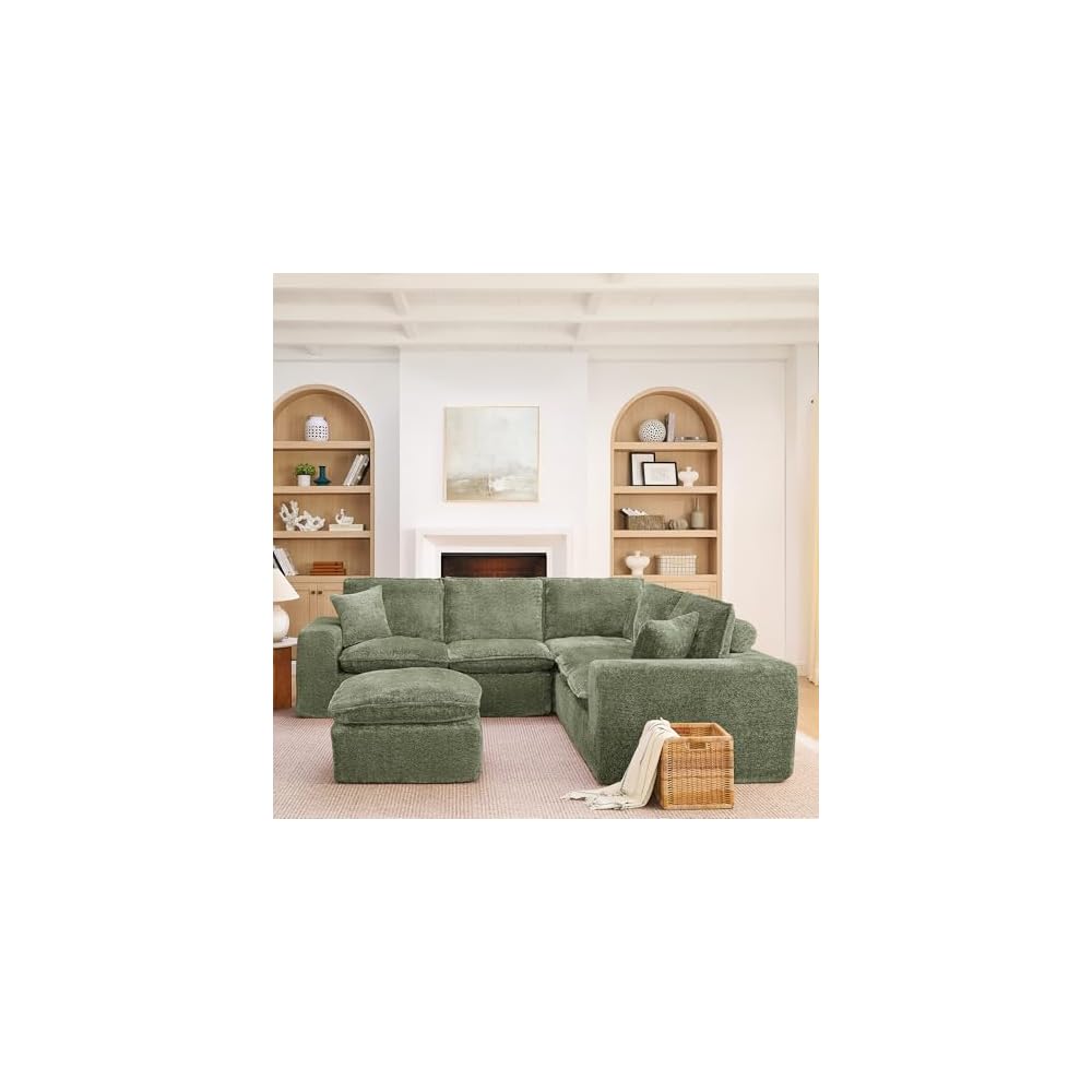 107" L-Shaped Oversized Boucle Modular Sectional Sofa with 1 Ottomans and Pillows, 6-Seater Upholstered Boneless Comfy Cloud Couch, DIY Combination, No Assembly Required, for Living Room, Green