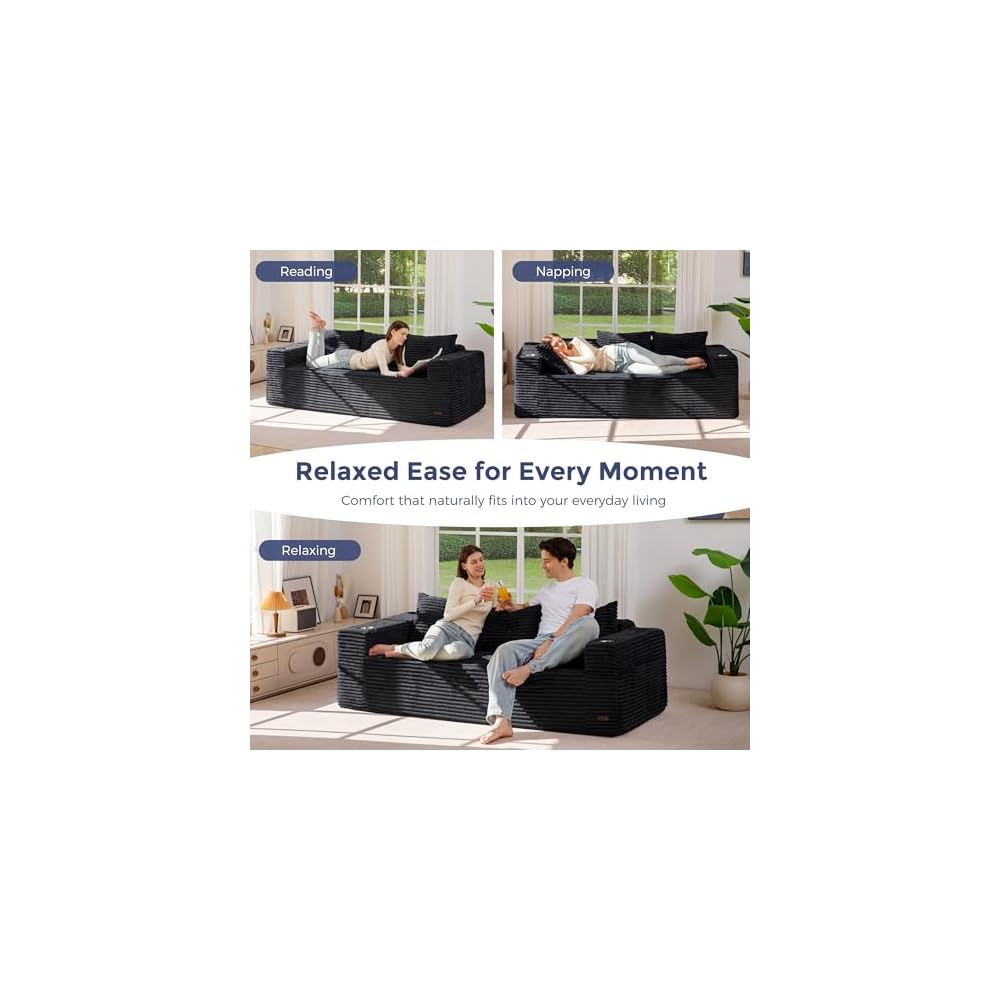 79" Oversized Boneless Loveseat Sofa Couch, 3-Seater Floor Loveseat for Small Space with Cup Holders, Corded Couch with Pillows, Floor Sofa for Apartment & Lounge, No Assembly Required, Black