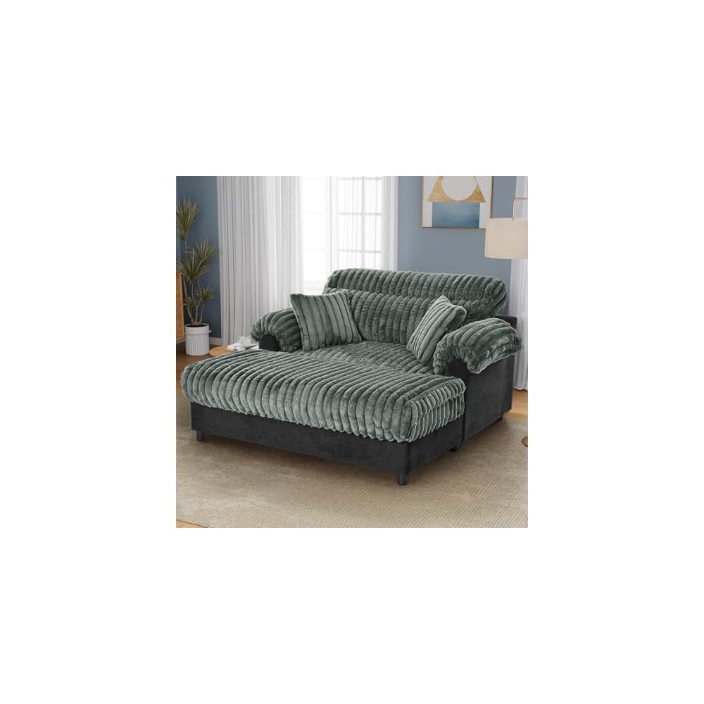 62" Modern Chaise Lounge Sofa, Cloud Chaise Sofa Cozy Plush Couch with Two Throw Pillows, Ergonomic Backrest & Curved Armrest Design for Living Room