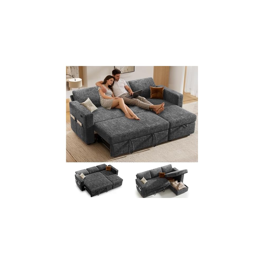 82" Sectional Sleeper Sofa with Pull Out Bed, L Shaped Couch Sleeper Sofa Bed, Pull Out Couch with Reclining Backrest, Reversible Storage Chaise, USB Ports, Tool-Free Assembly, Chenille Grey