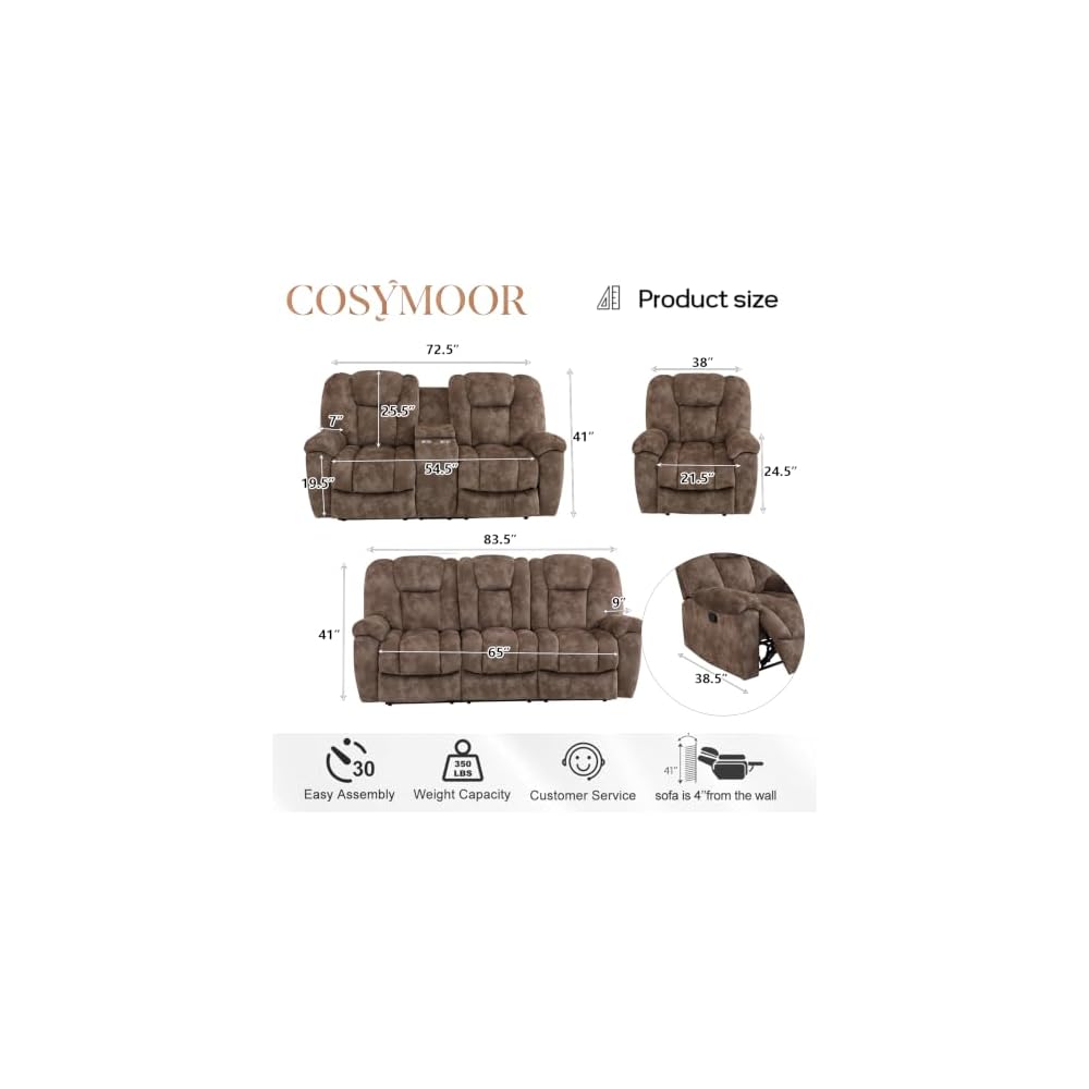 Fabric Recliner Sofa Set with Cup Holder, 3 Pieces Living Room Furniture Sets, Manual Reclining Sofa Set with Storage, Modern Reclining Couches for Living Room/Office, Brown