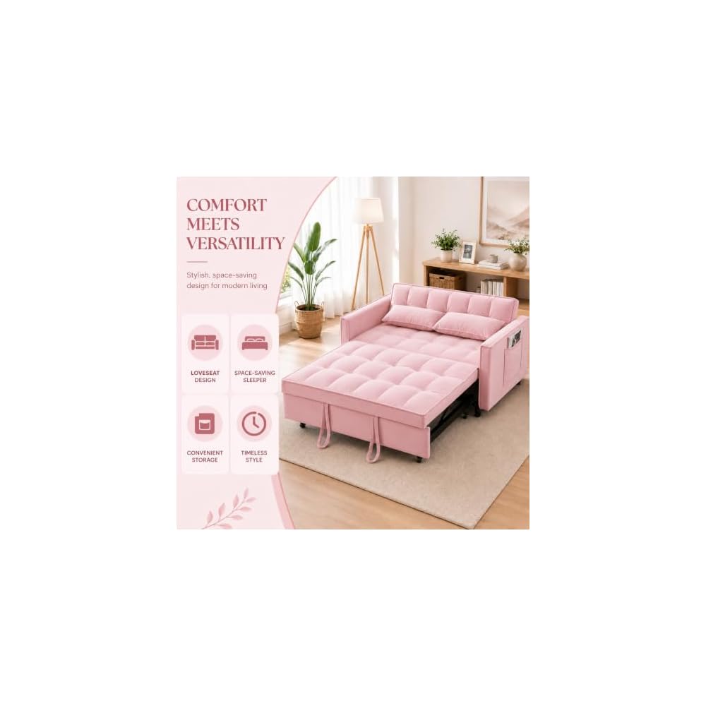 3 In 1 Velvet Convertible Sofa Bed, Pull Out Couch Bed with Reclining Backrest And 2 Pillows, 54" Full Size Loveseat Sleeper Sofa Futon Couch Bed, Couches For Small Spaces, Living Room (Pink)