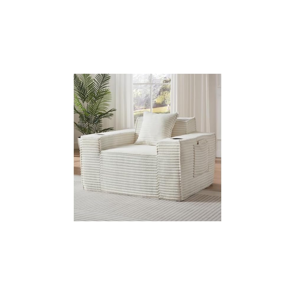 43.3" Boneless Chair for Living Room, 1 Seater Cloud Sofa with Sidepockets & Cupholders, Corduroy Floor Chair with Pillows Modern Singles Sofa Chair for Living Room, Small Space, White