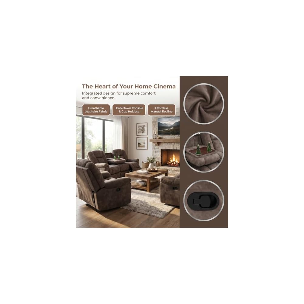 Fabric Recliner Sofa Set with Cup Holder, 3 Pieces Living Room Furniture Sets, Manual Reclining Sofa Set with Storage, Modern Reclining Couches for Living Room/Office, Brown