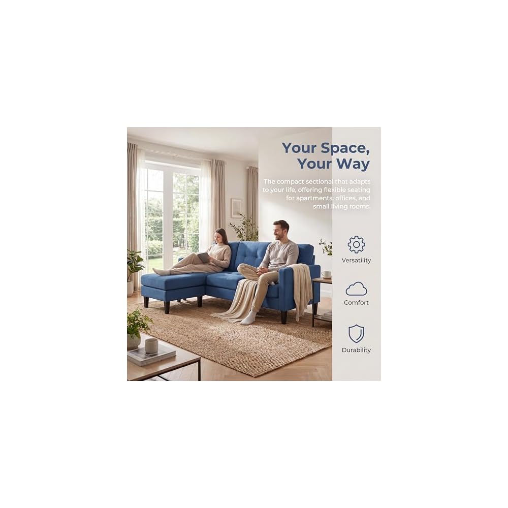 74'' L Shaped Small Couch with Chaise, Lounge Sectional Couch with Movable Ottoman, Sleeper Sofa for Apartment Size, Small Sectional for Living Room, Office, Guest Room & Small Spaces, Blue