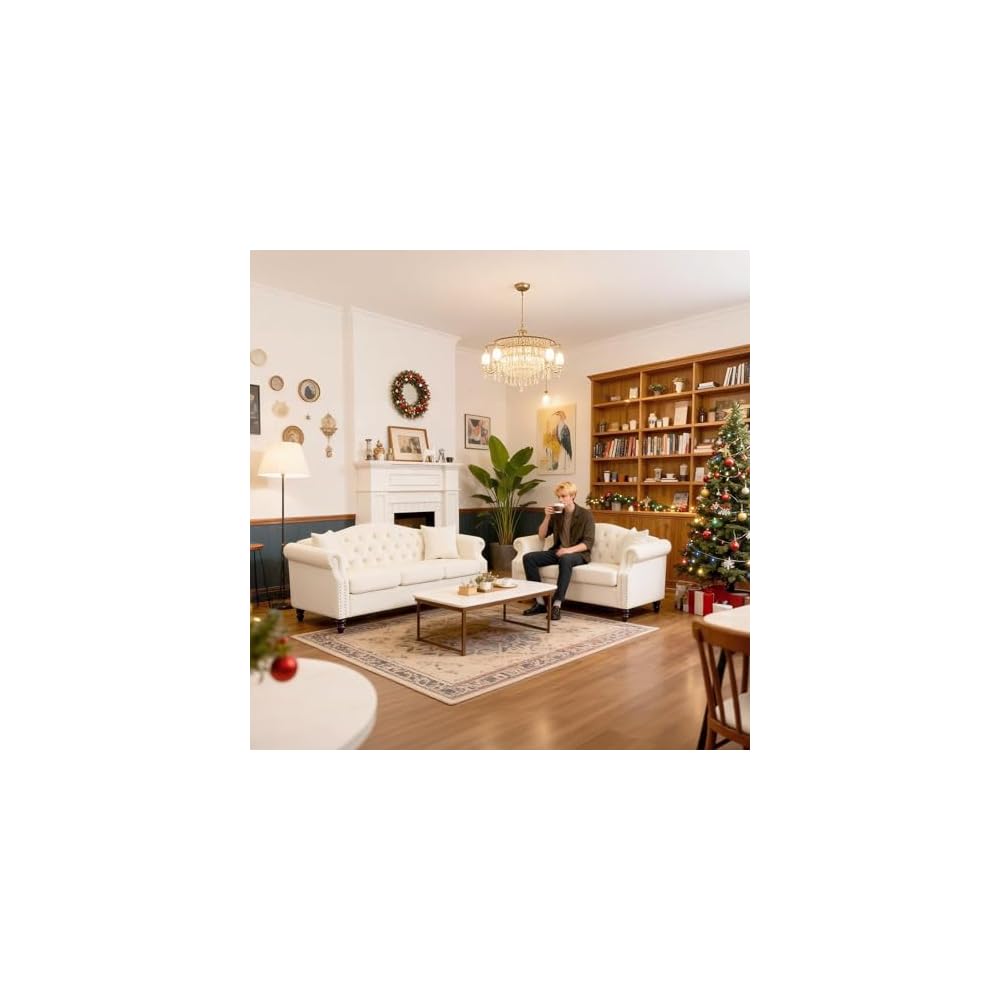 Chesterfield Sofa Couch Set for Living Room, 79" 3 Seater + 57" Loveseat Velvet Tufted Couch, Mid Century Traditional Couches with Metal Legs, 4 Pillows, Rolled Arms & Nailhead for Bedroom, Beige