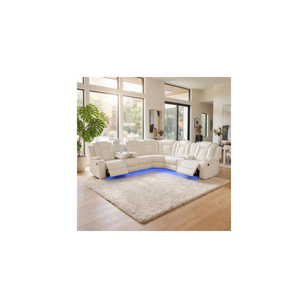 Power Reclining Living Room Sofa Furniture Set, Leather Reclining Couch with LED Ambient Light, Home Theater Seating with USB Ports/Wireless Power, Storage Console & Cup Holders, Beige
