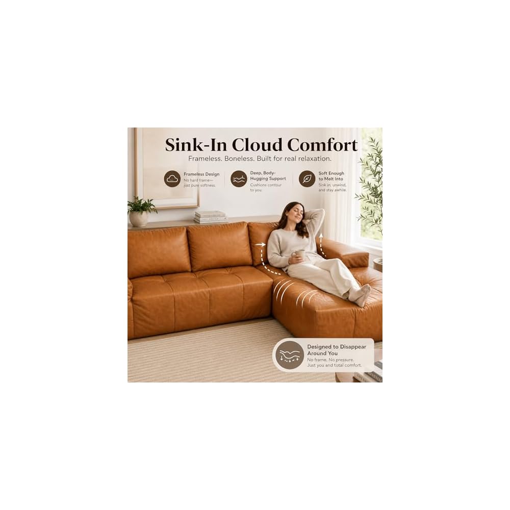 Boneless Faux Leather Sectional Couches 114”, Modular Sofa for Living Room