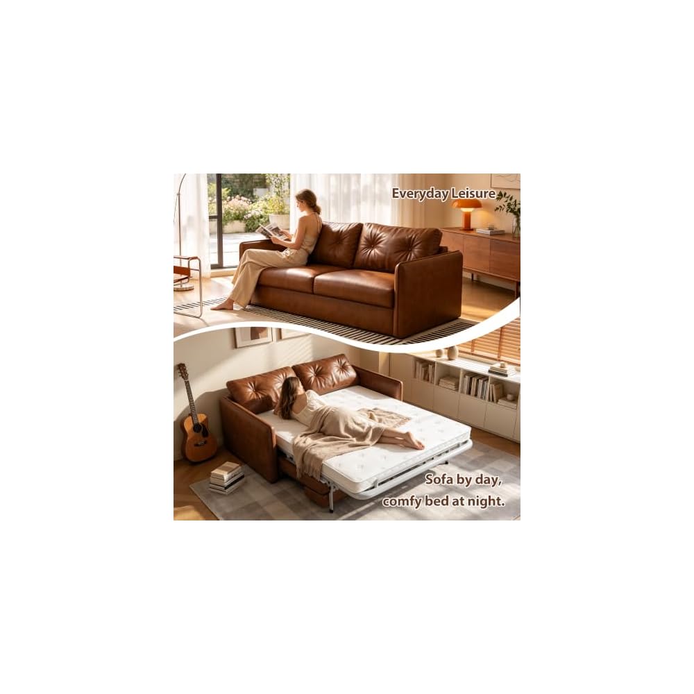 55.9” Convertible Mid Century Morden Pull-Out Sofa Bed, Sleeper Sofa with Storage Chaise, Velvet Upholstered 2-in-1 Sofa Couch, Loveseat for Living Room, Guest Room & Apartment, Brown