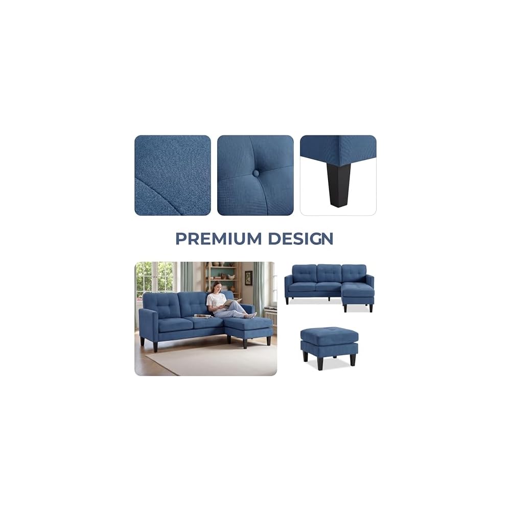 74'' L Shaped Small Couch with Chaise, Lounge Sectional Couch with Movable Ottoman, Sleeper Sofa for Apartment Size, Small Sectional for Living Room, Office, Guest Room & Small Spaces, Blue