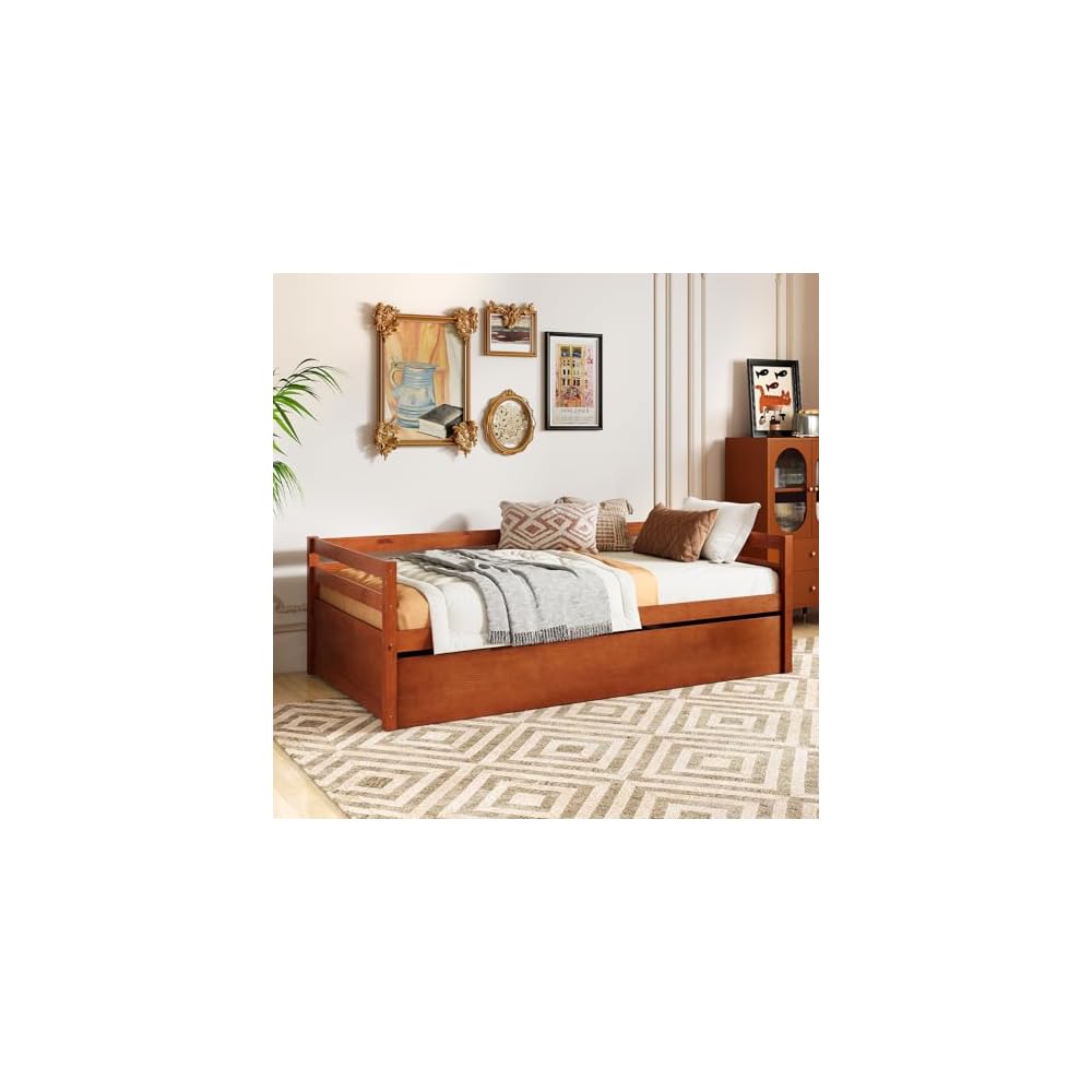 Twin Daybed with Trundle, Wood Trundle Bed with Wood Slat Support, Mid Century Day Bed Frame for Living Room Guest Room, No Box Spring Needed, Walnut