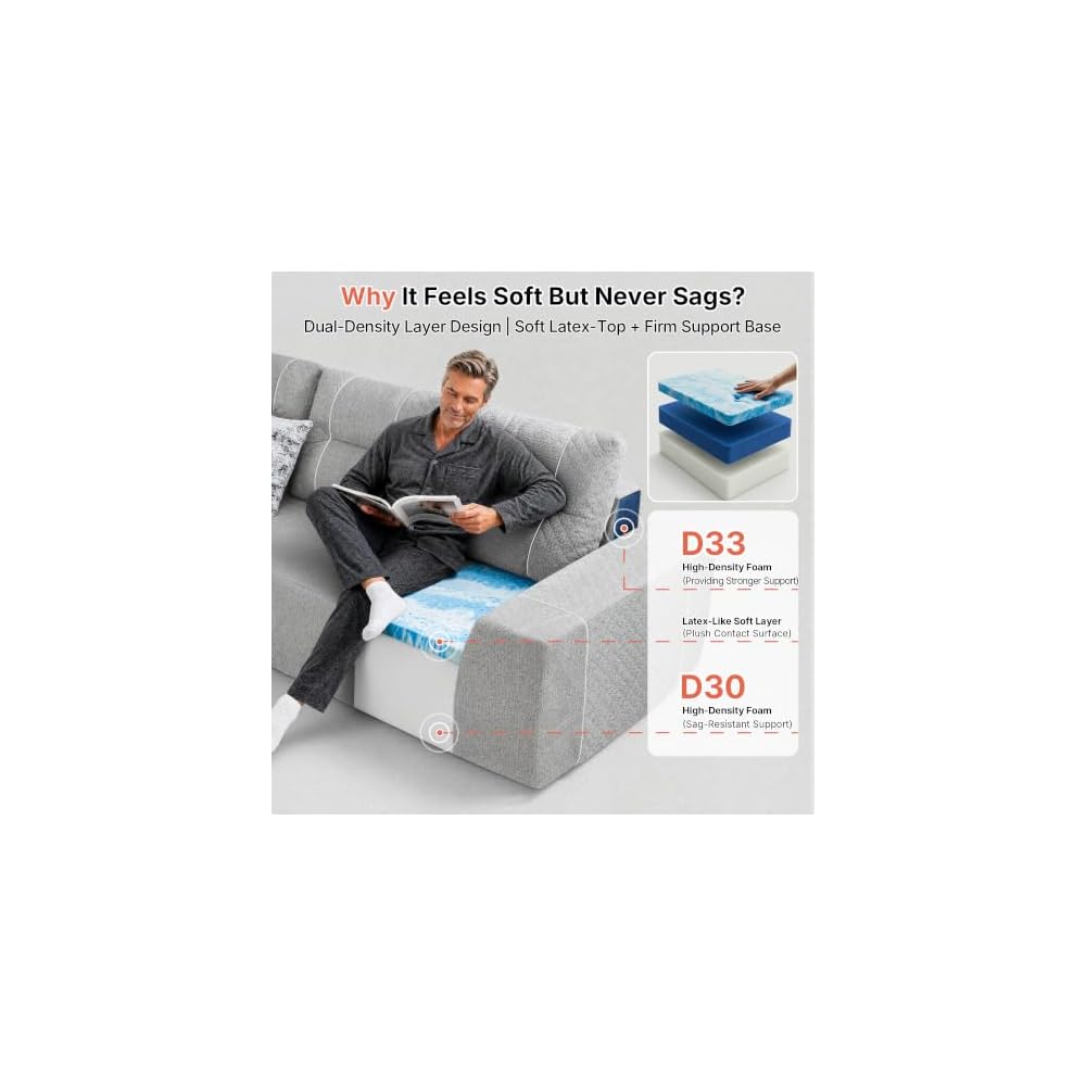 105" Boneless Couches for Living Room, Cloud Couch Modular Sectional Sofa Bed Convertible, Sleeper Sofa With Latex-like Cushion & Throw Pillow, No assembly required, Chenille Fabric 8512 (Gray)