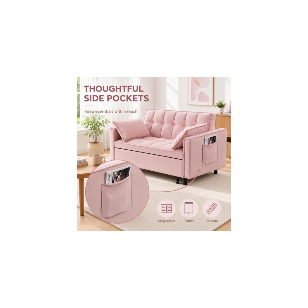 3 In 1 Velvet Convertible Sofa Bed, Pull Out Couch Bed with Reclining Backrest And 2 Pillows, 54" Full Size Loveseat Sleeper Sofa Futon Couch Bed, Couches For Small Spaces, Living Room (Pink)