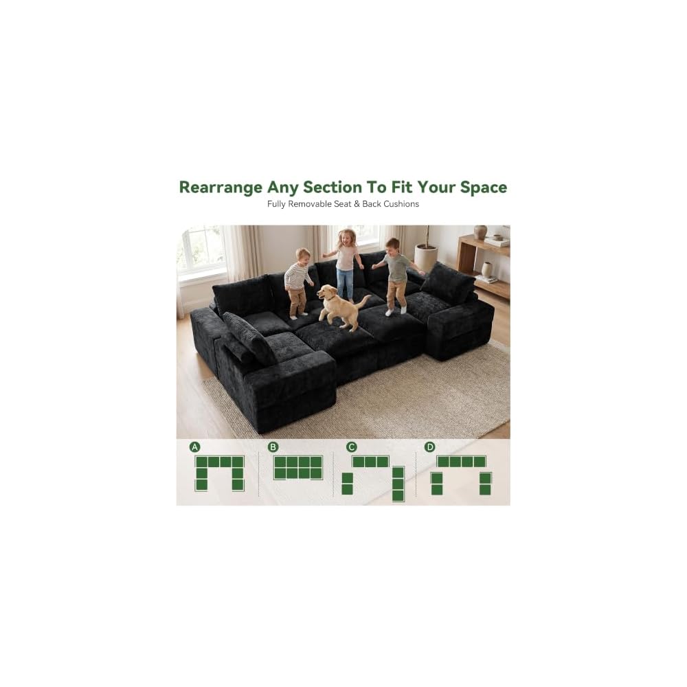 130" U Shaped Modular Sectional Sofa, 8 Seat Cloud Couch, Black
