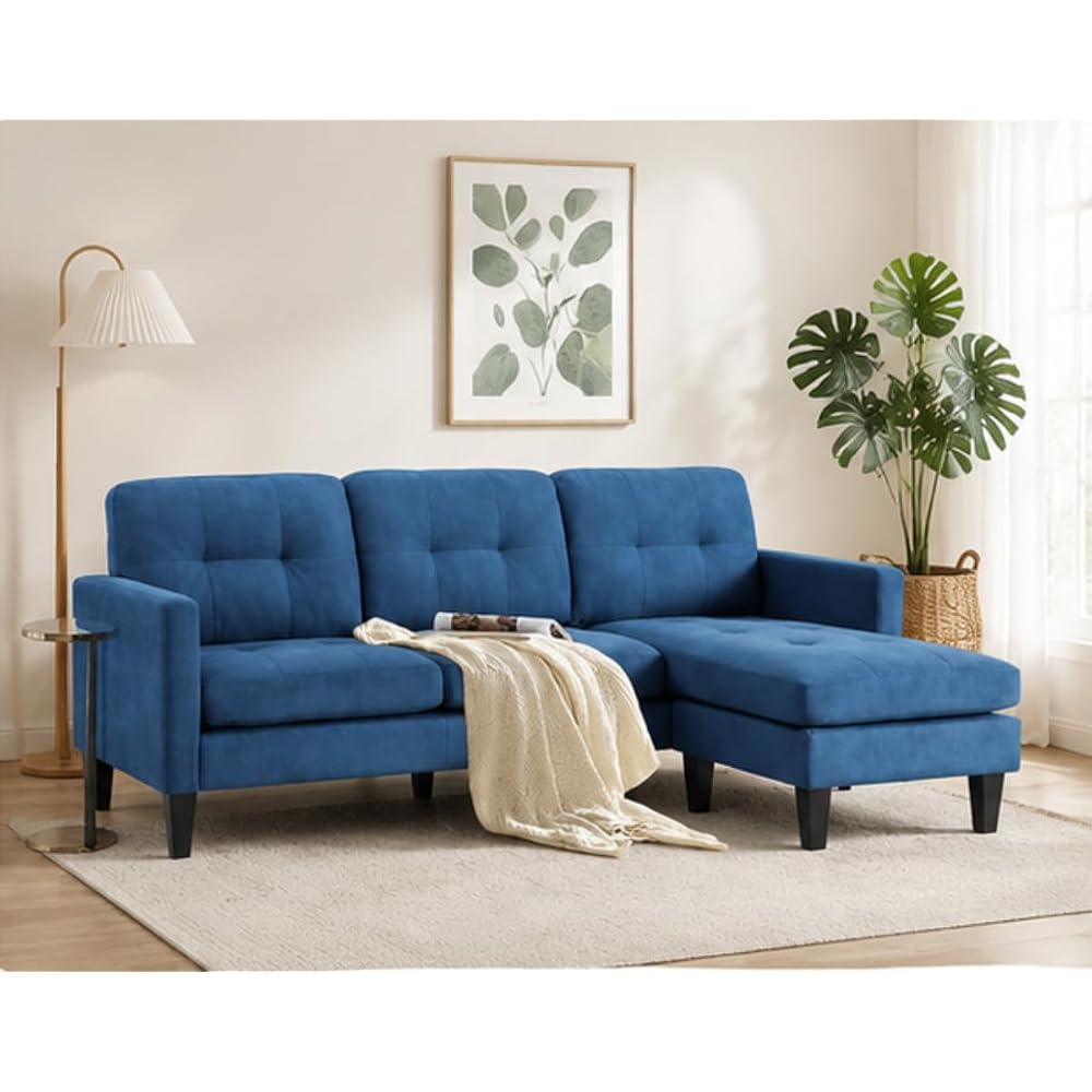74'' L Shaped Small Couch with Chaise, Lounge Sectional Couch with Movable Ottoman, Sleeper Sofa for Apartment Size, Small Sectional for Living Room, Office, Guest Room & Small Spaces, Blue