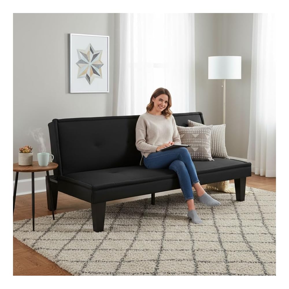 62.99" Faux Suede Futon Sofa Bed, 5‑Position Adjustable Backrest, Convertible Sleeper Couch, Suitable for Living Rooms & Offices, Black