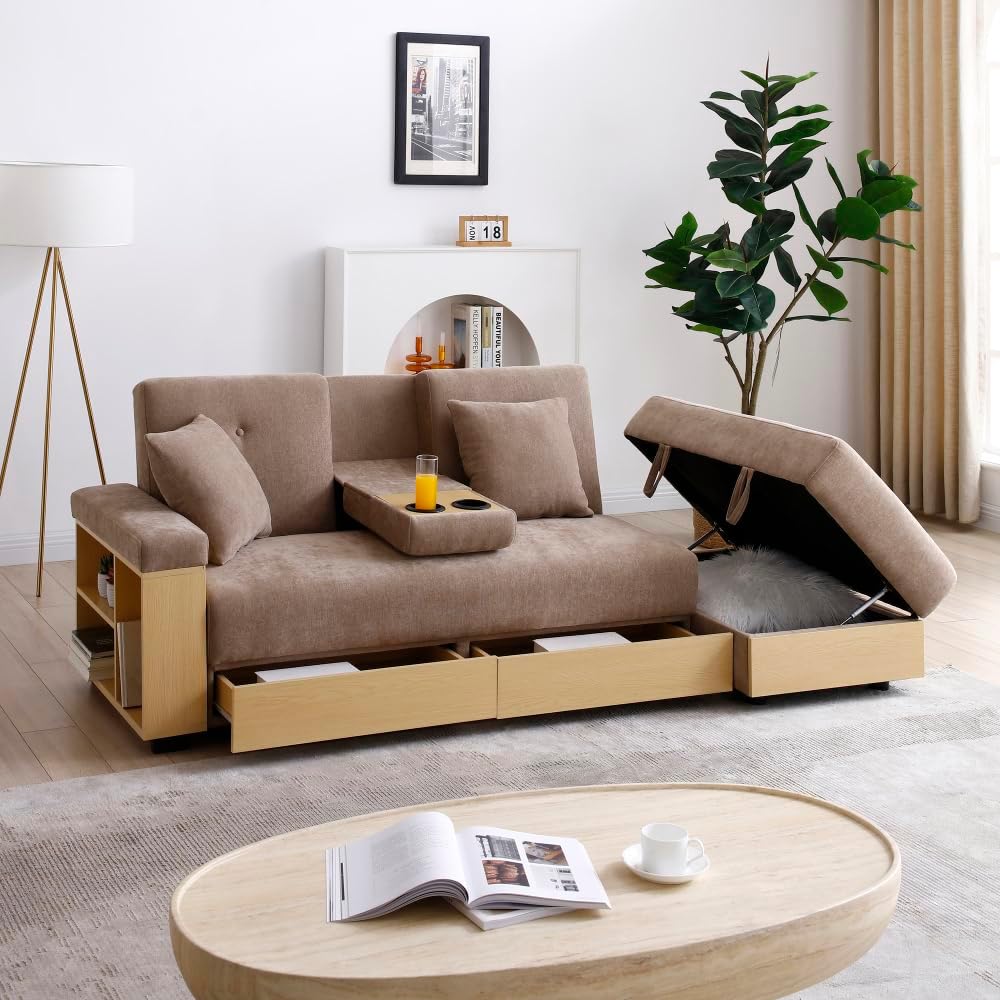 Convertible Sleeper Sofa Bed, Light Brown, With Storage and Cup Holders