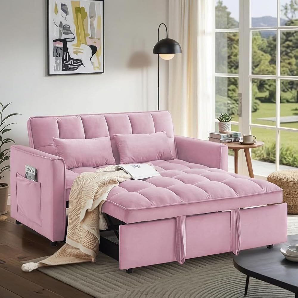 3 In 1 Velvet Convertible Sofa Bed, Pull Out Couch Bed with Reclining Backrest And 2 Pillows, 54" Full Size Loveseat Sleeper Sofa Futon Couch Bed, Couches For Small Spaces, Living Room (Pink)