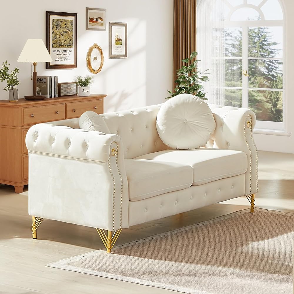 Chesterfield Sofa Velvet, Loveseat Mid Century Modern Button Tufted Couch with Nailhead Trim & Gold Legs, Deep Seat Comfy Couch with Pillows for Living Room, Bedroom, Office, Apartment(60.5''W,Beige)