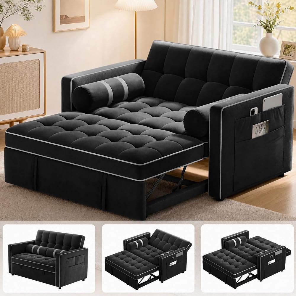 3 in 1 Sleeper Sofa Bed with Adjustable Backrest, Black Velvet