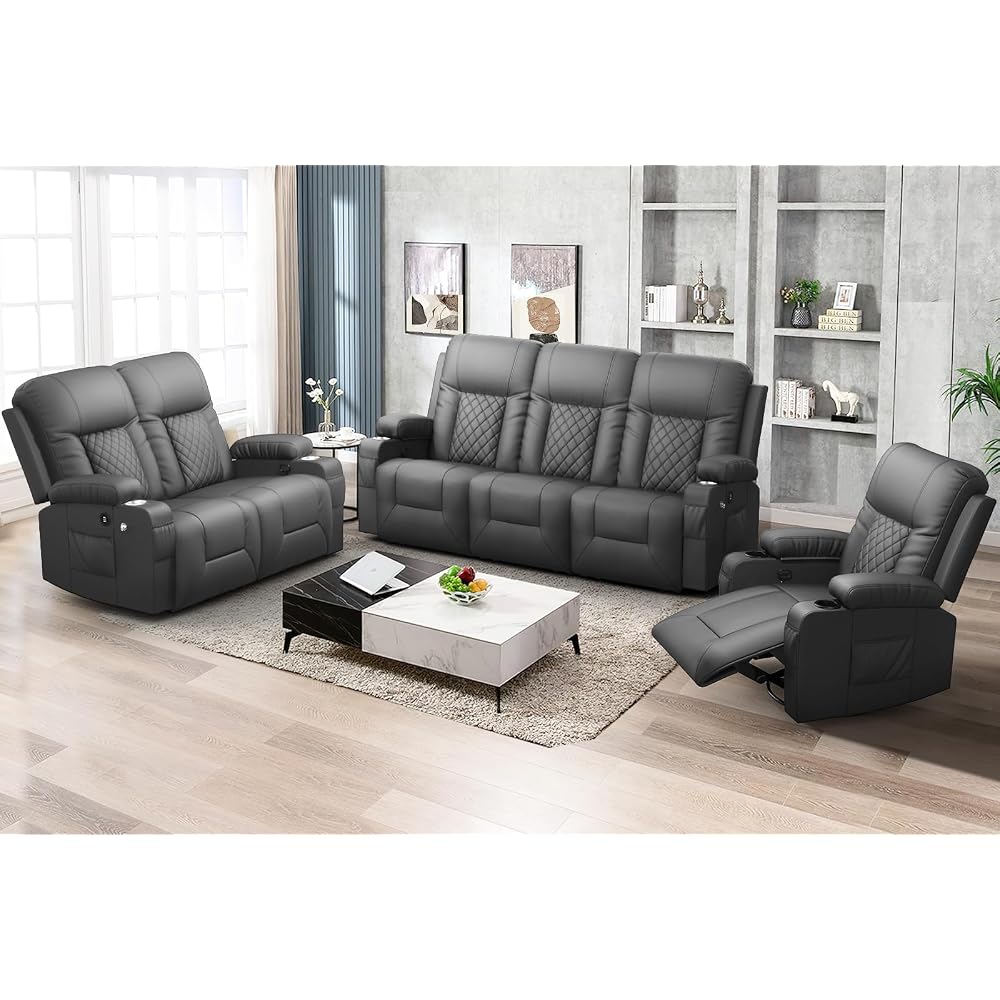 Oversized Recliner Sofa Set with 3+2+1 Pieces in Living Room, 1 Reclining Loveseat Couch, 1 Recliner Chair with 360 Degree Swivel Single Sofa Seat, 3 Seats Dual Reclining Sofa with USB Ports