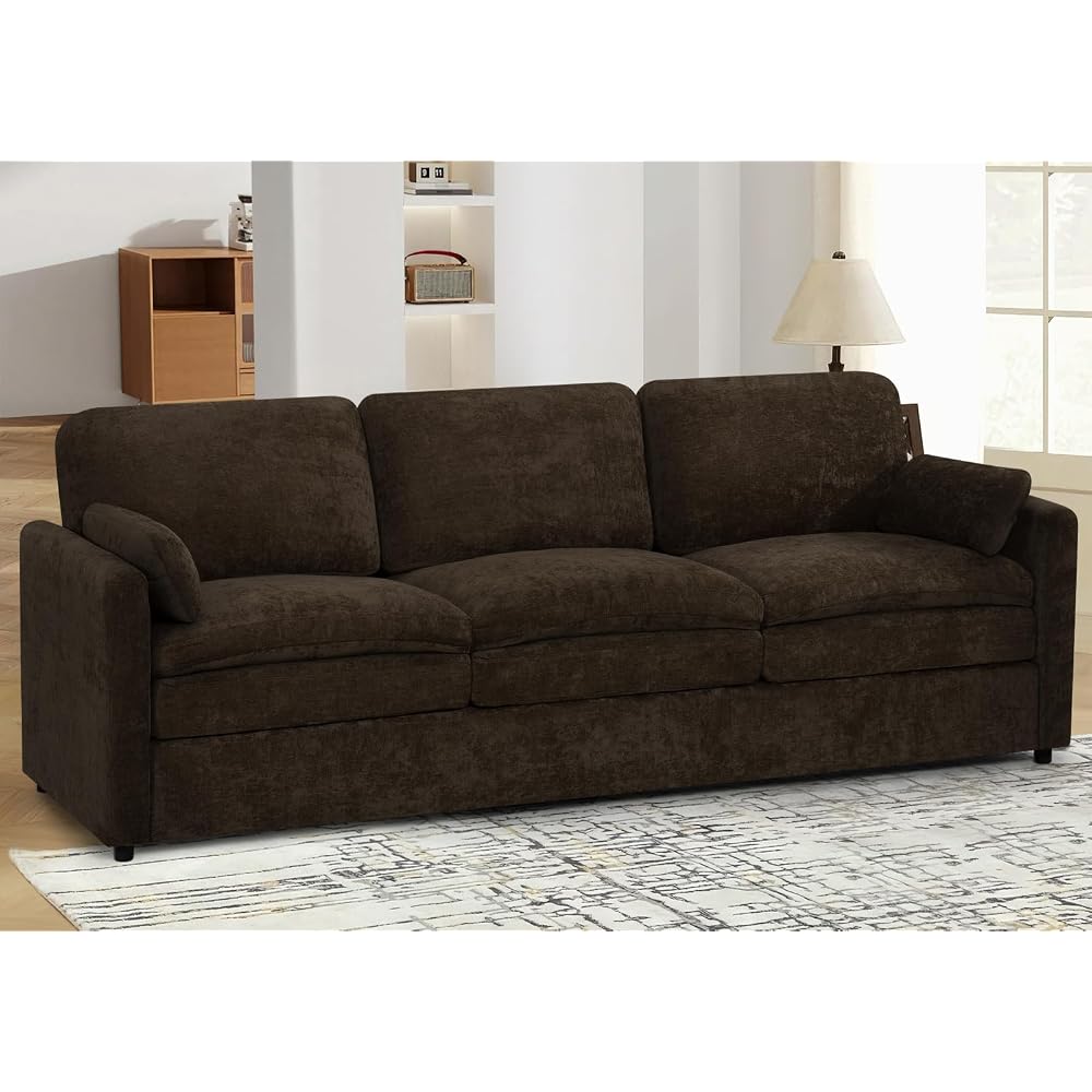 89" Chenille Modern Sofa w/Plump Backrests, Brown