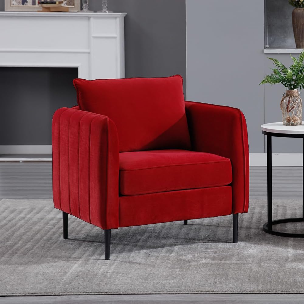 Modern Velvet Accent Chair, Single Sofa Chairs Armchair with Square Arm, Upholstered Accent Chairs for Living Room, Bedroom, Apartment (Burgundy Chair)