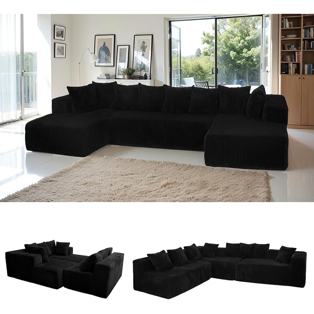 130" Modular Boneless Couch Convertible Sleeper Sofa Corduroy Sectional Sofa for Living Room Modern Cloud Couch with Deep Seat Chaise Comfy Oversize 4-6 Seat No Assembly (Black)