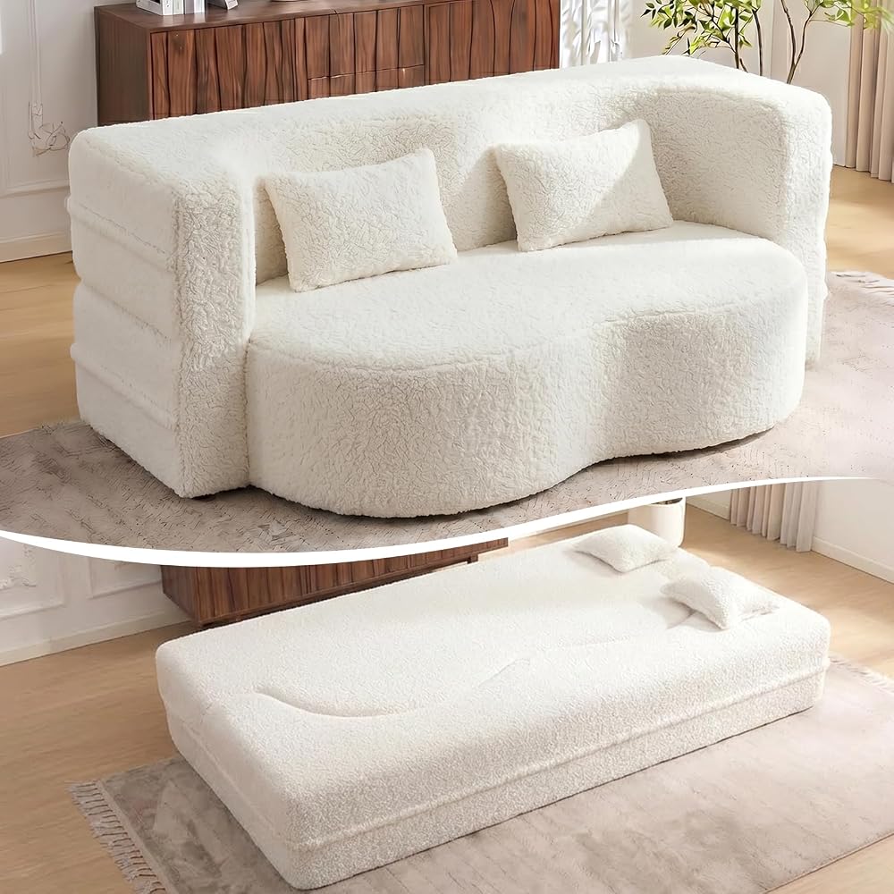 78" Convertible Folding Sofa Bed, Full Size Floor Sleeper Sofa with 2 Pillows, Foam Futon Loveseat Couch for Living Room Apartment Office, Boneless Couch No Assembly Required, (Teddy, Beige/White)