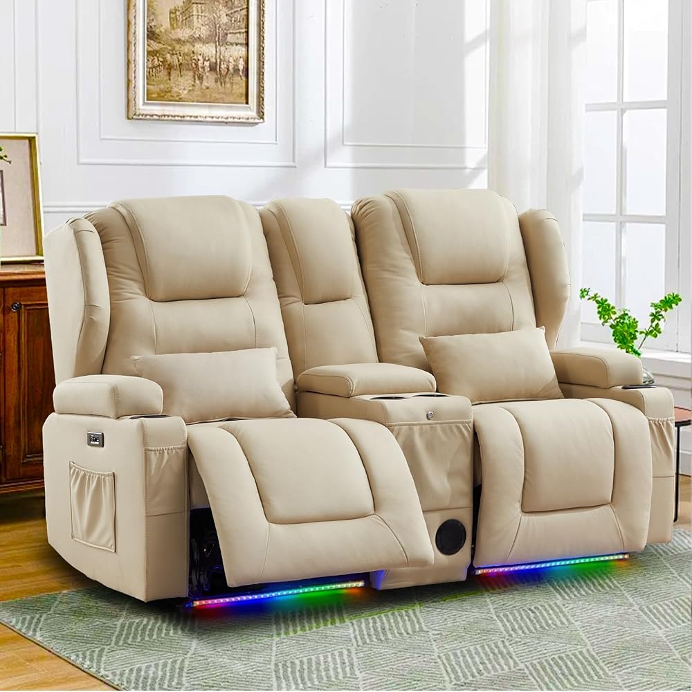 Loveseat Power Recliner Sofa Couch Electric Reclining Sofa Chair for Living Room with Multi-Function Console/Cup Holders/LED Ambient Light