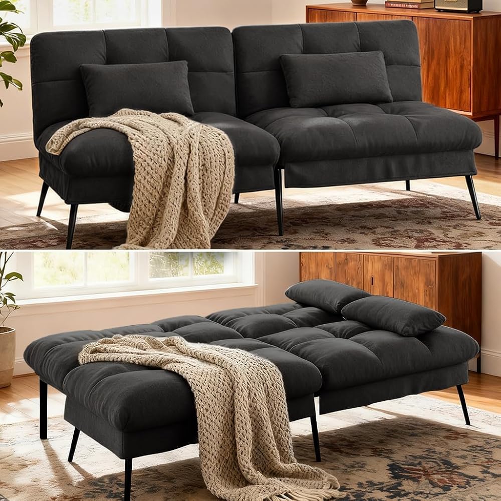 72″ Convertible Futon Sofa Bed, Adjustable Backrest, Black