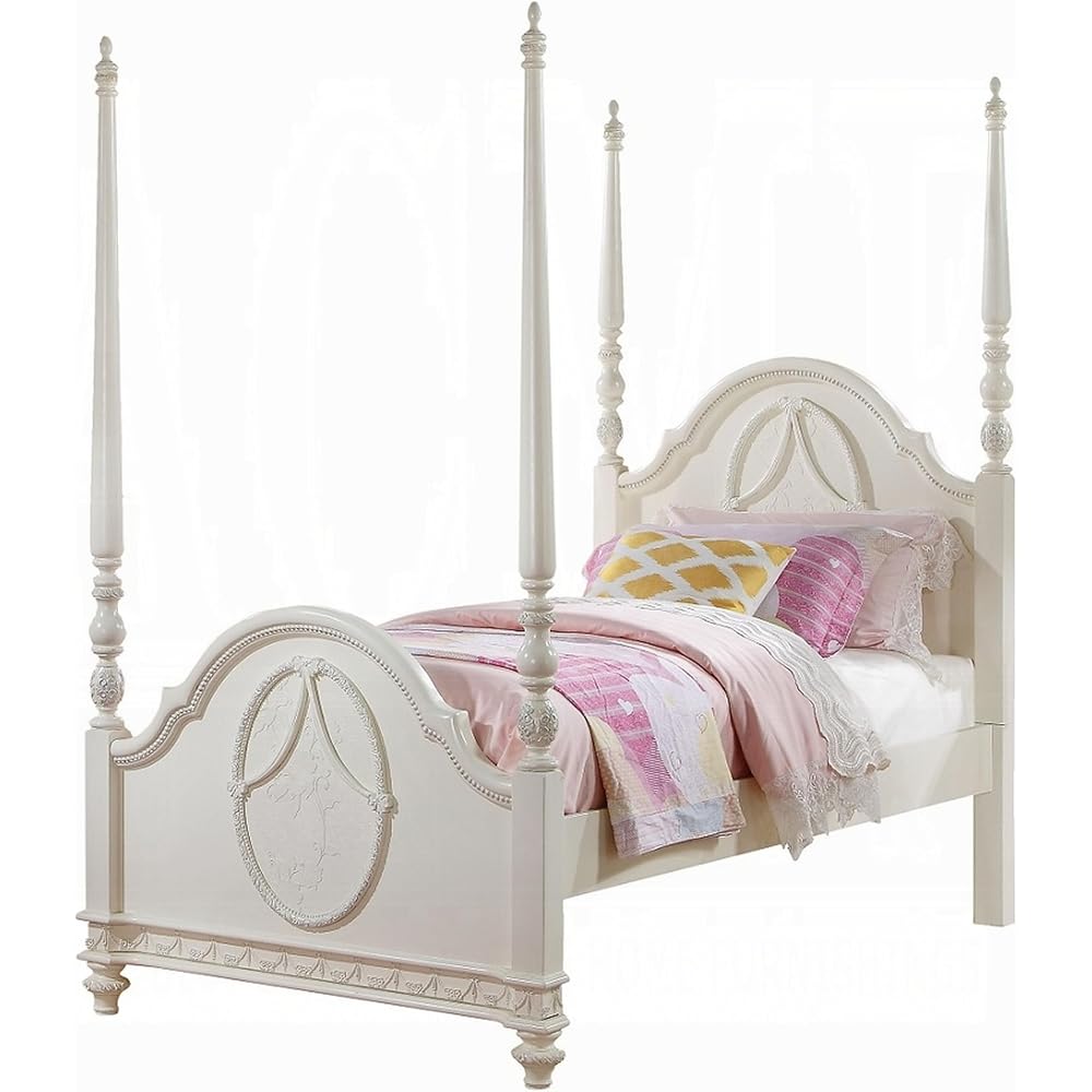 Dorie Full Size Poster Bed, Embossed Floral and Oval Molding, Ivory