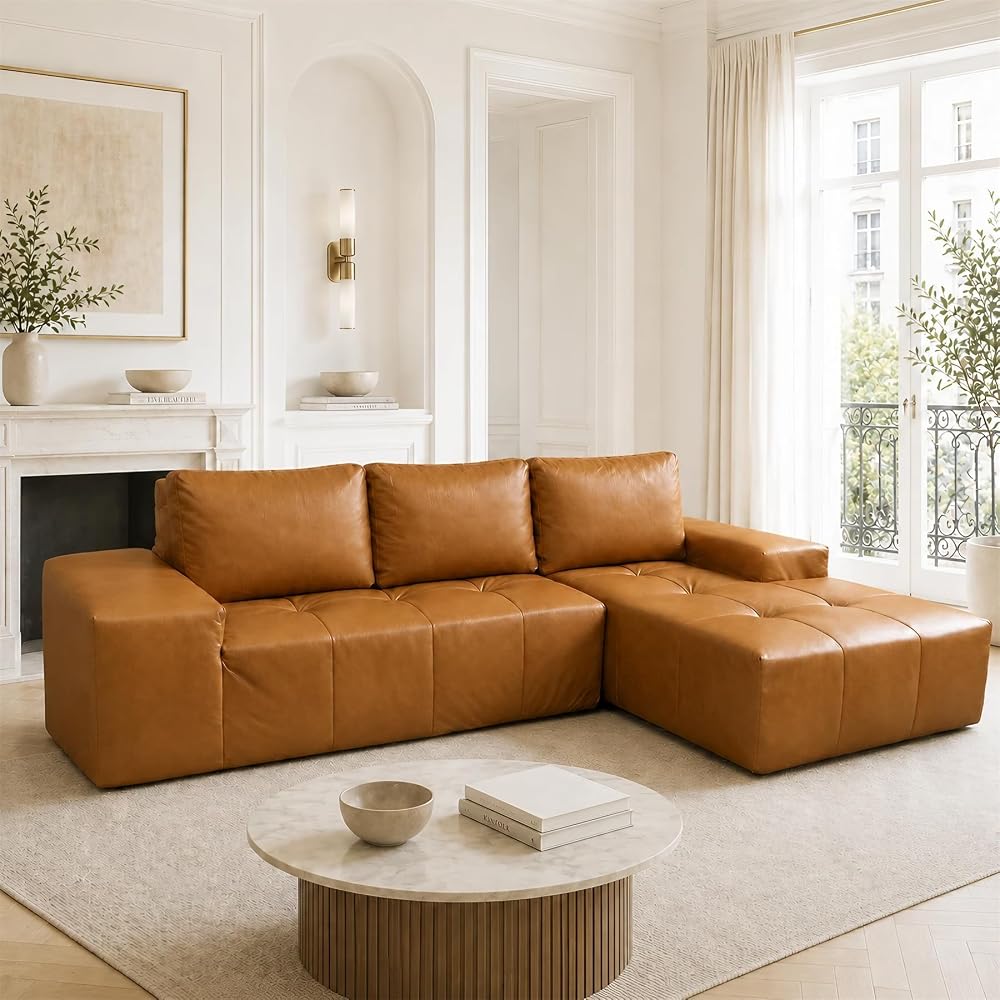 Boneless Faux Leather Sectional Couches 114”, Modular Sofa for Living Room
