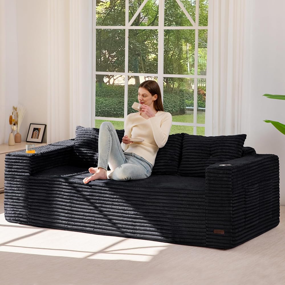 79" Oversized Boneless Loveseat Sofa Couch, 3-Seater Floor Loveseat for Small Space with Cup Holders, Corded Couch with Pillows, Floor Sofa for Apartment & Lounge, No Assembly Required, Black