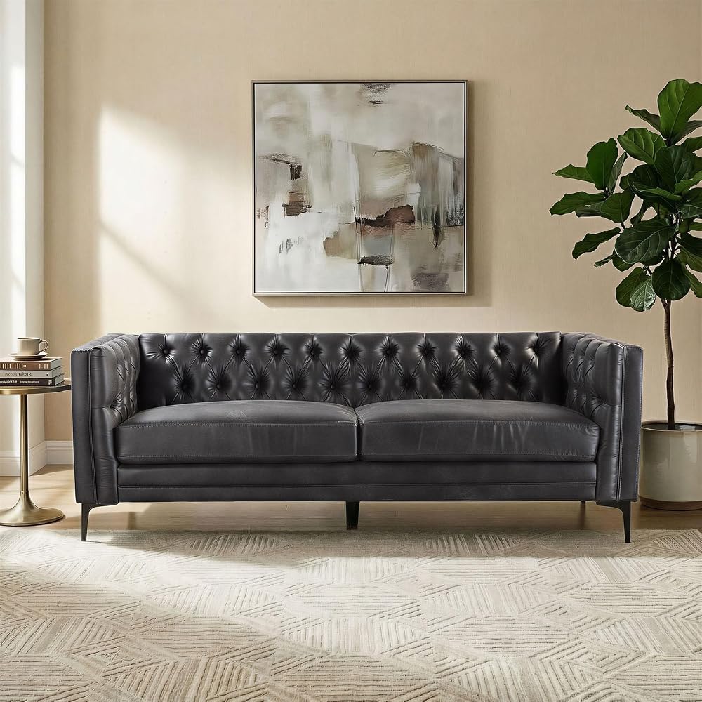 84" Faux Leather Sofa, Modern Upholstered 3 Seater Sofa with Metal Legs, Mid Century Modern Couches for Living Room, Entertainment Area, Apartment