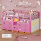 Low Loft Bed Twin Size with 9 Storage Drawers for Kids, Pink
