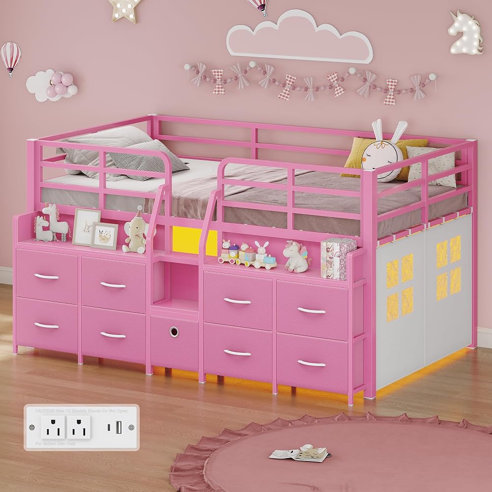 Low Loft Bed Twin Size with 9 Storage Drawers for Kids, Pink