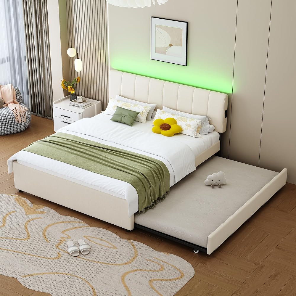 Queen Size Upholstered Platform Bed with Pull-Out Trundle Bed