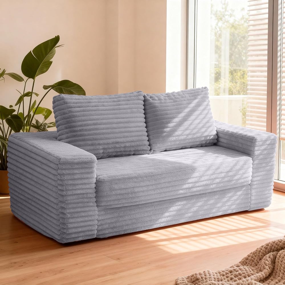 62" Boneless Couch,3-in-1 Convertible Folding Sofa Bed,Light Grey