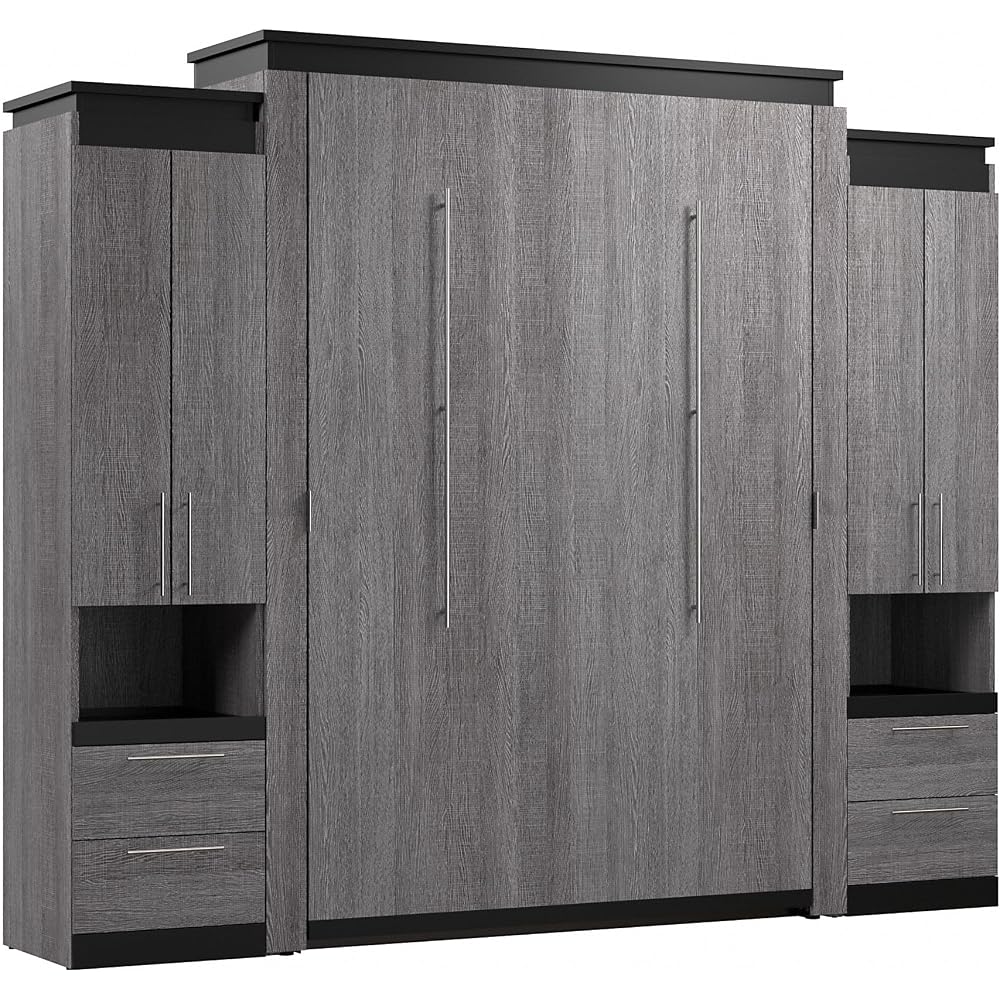 Queen Murphy Bed with Storage Cabinet, Bark Grey, Orion, 106W