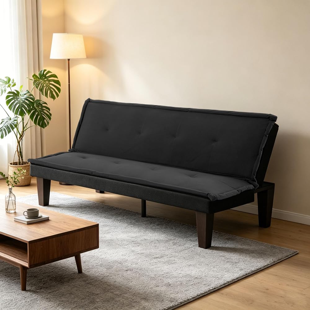 62.99" Faux Suede Futon Sofa Bed, 5‑Position Adjustable Backrest, Convertible Sleeper Couch, Suitable for Living Rooms & Offices, Black
