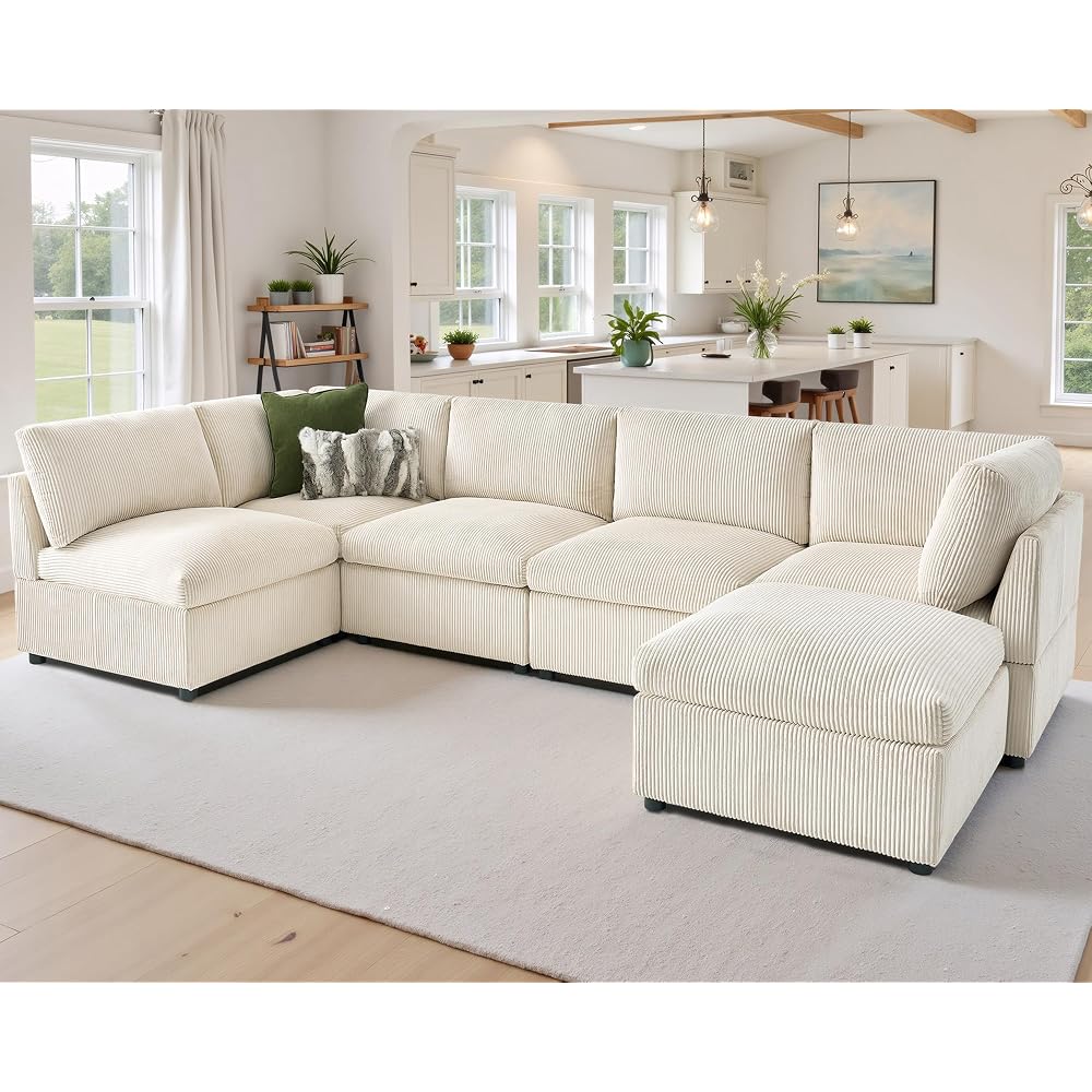 Oversized Cloud Couch Sectional, U-Shaped Modular Couch, Beige