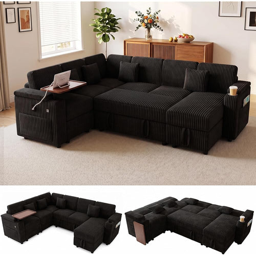100" 7-seat Modular U-Shaped Storage Sofa with Pull Out Bed