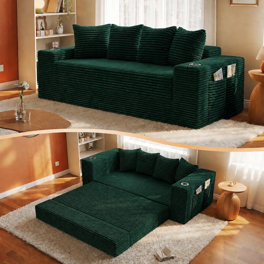 77 Inch Convertible Boneless Sleeper Sofa Bed, Modular Foldable Floor Couch, Corduroy Fabric, Memory Foam Comfy Loveseat for Living Room with Cup Holders & Pocket, Assembly Free, Green