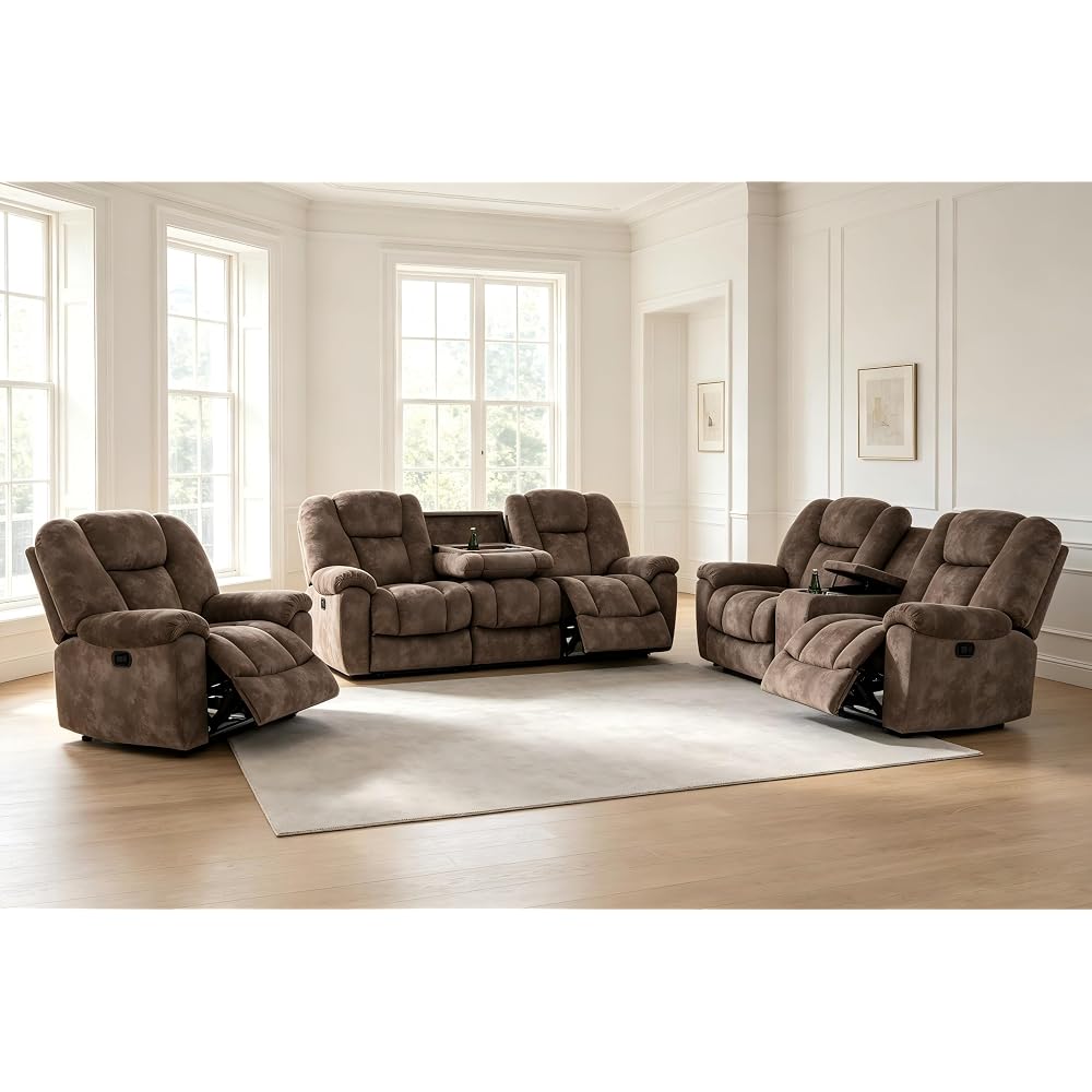 Fabric Recliner Sofa Set with Cup Holder, 3 Pieces Living Room Furniture Sets, Manual Reclining Sofa Set with Storage, Modern Reclining Couches for Living Room/Office, Brown