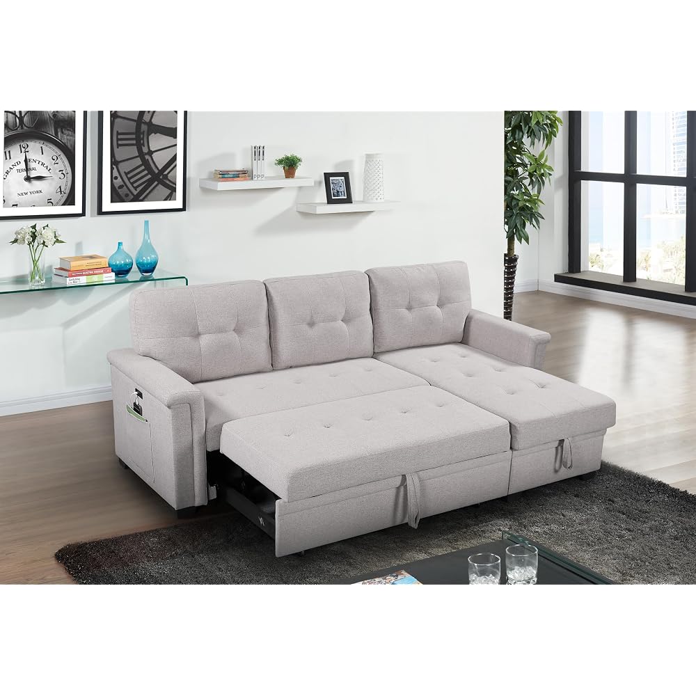 Convertible Sleeper Sofa Bed 84 Inch, L Shaped Sectional Couch with Pull Out Bed, USB Charging Ports, Storage Chaise for Living Room, Office, Linen Fabric, Light Gray