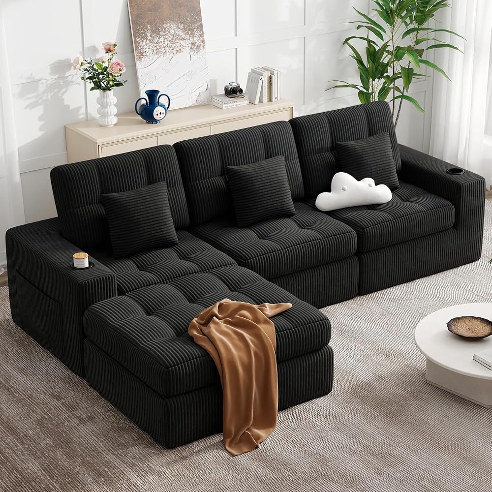 112" L Shaped Modern Cloud Boneless Couch, Black 1 PCS