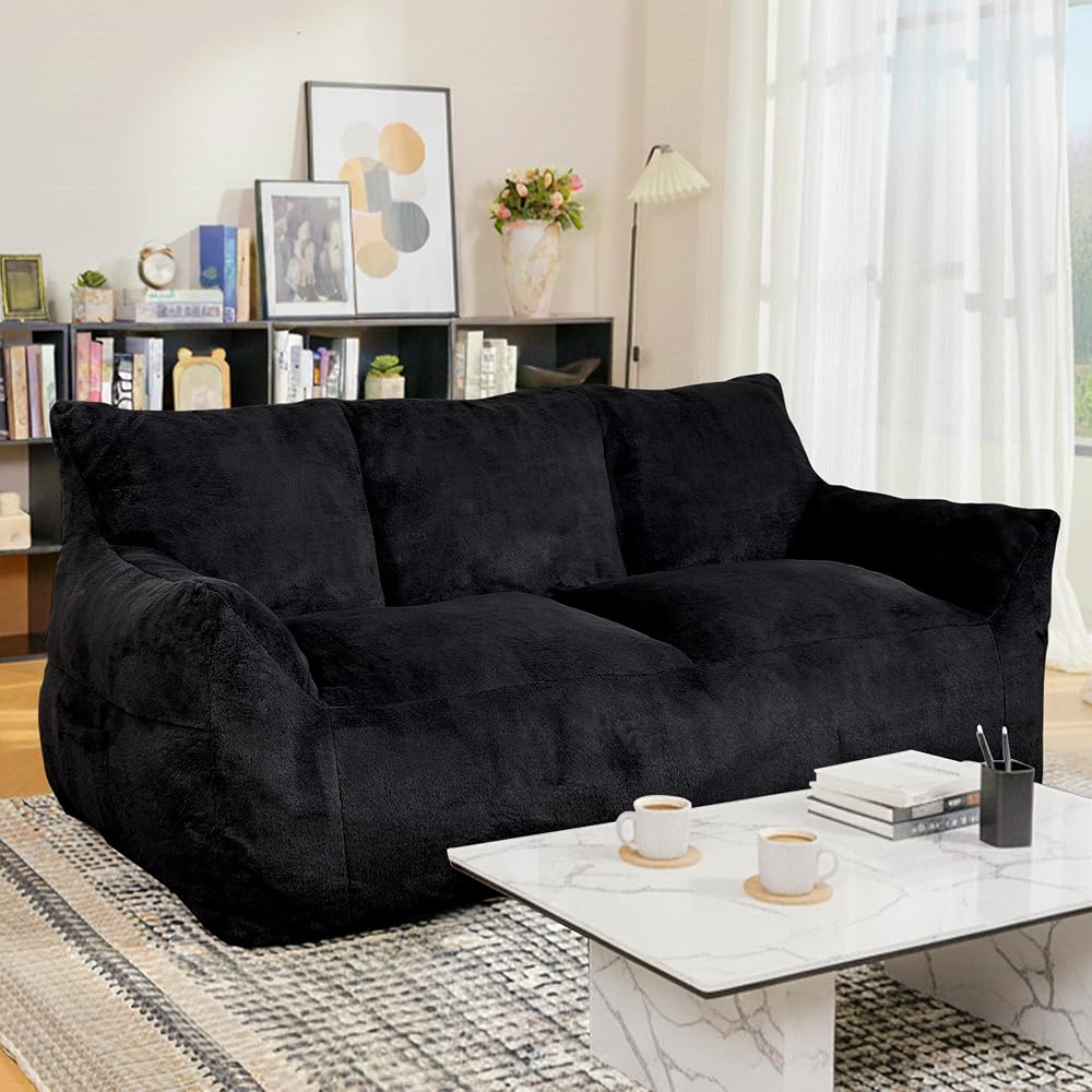 Faux Fur Loveseat Couch, Oversized Lounge Sofa for Adults, Fluffy Lazy Sofa with Soft Stuffed Filling, Big Comfy Couch, Boneless Couches for Living Room, Bedroom, Black