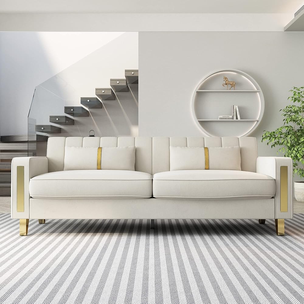 Modern Velvet Loveseat Sectional Sofa with Gold Legs, 86" Large, Beige, Upholstered Deep Seat Chaise for 3-4 Persons, Living Room, Office, Apartment