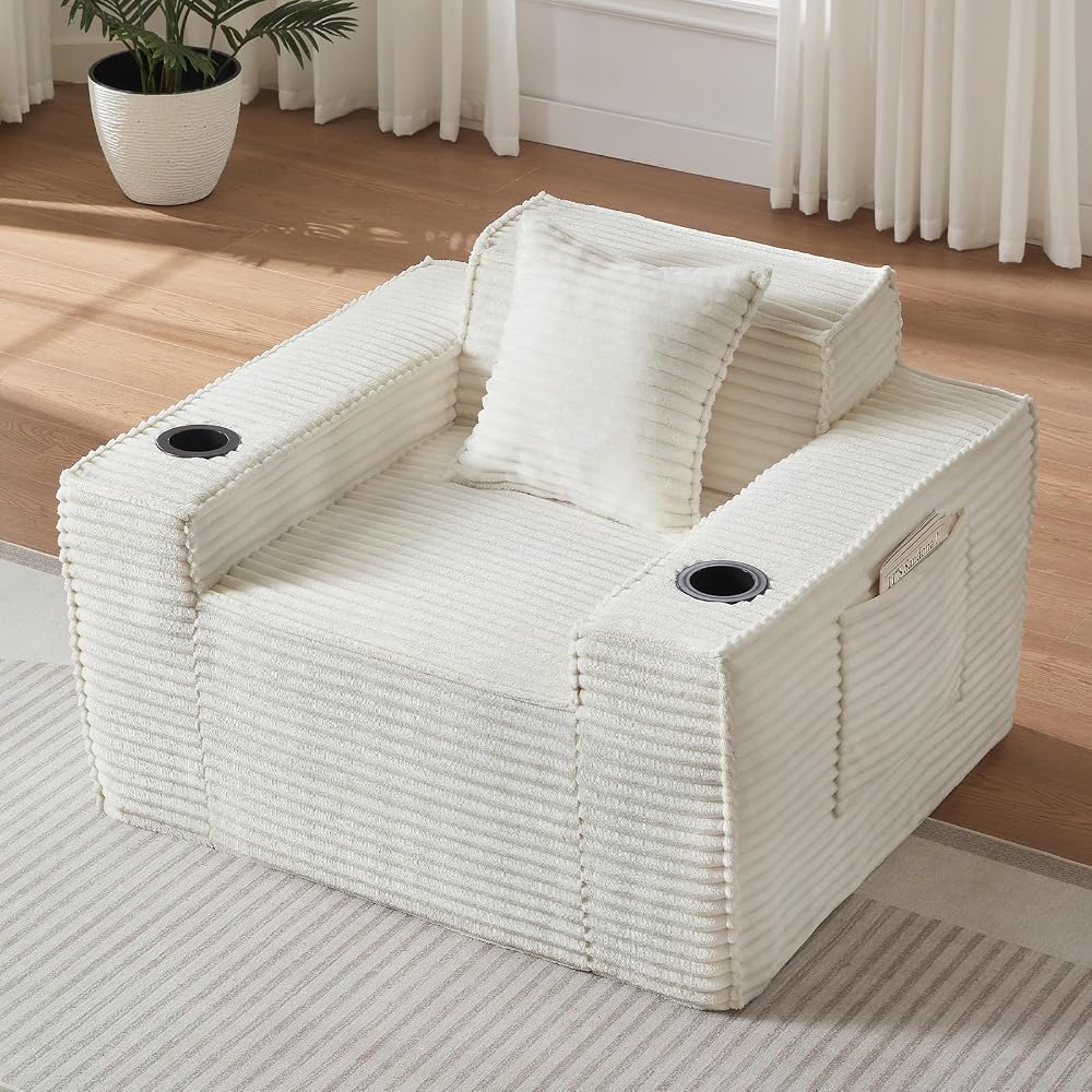 43.3" Boneless Chair for Living Room, 1 Seater Cloud Sofa with Sidepockets & Cupholders, Corduroy Floor Chair with Pillows Modern Singles Sofa Chair for Living Room, Small Space, White